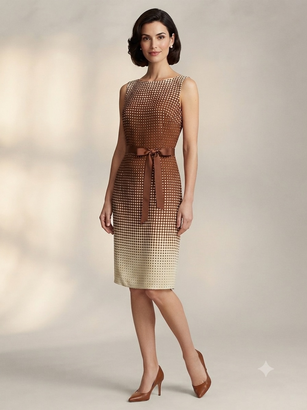 VTG W by Worth Brown-to-Cream Ombre Dot Sheath Silk Dress with Waist Tie